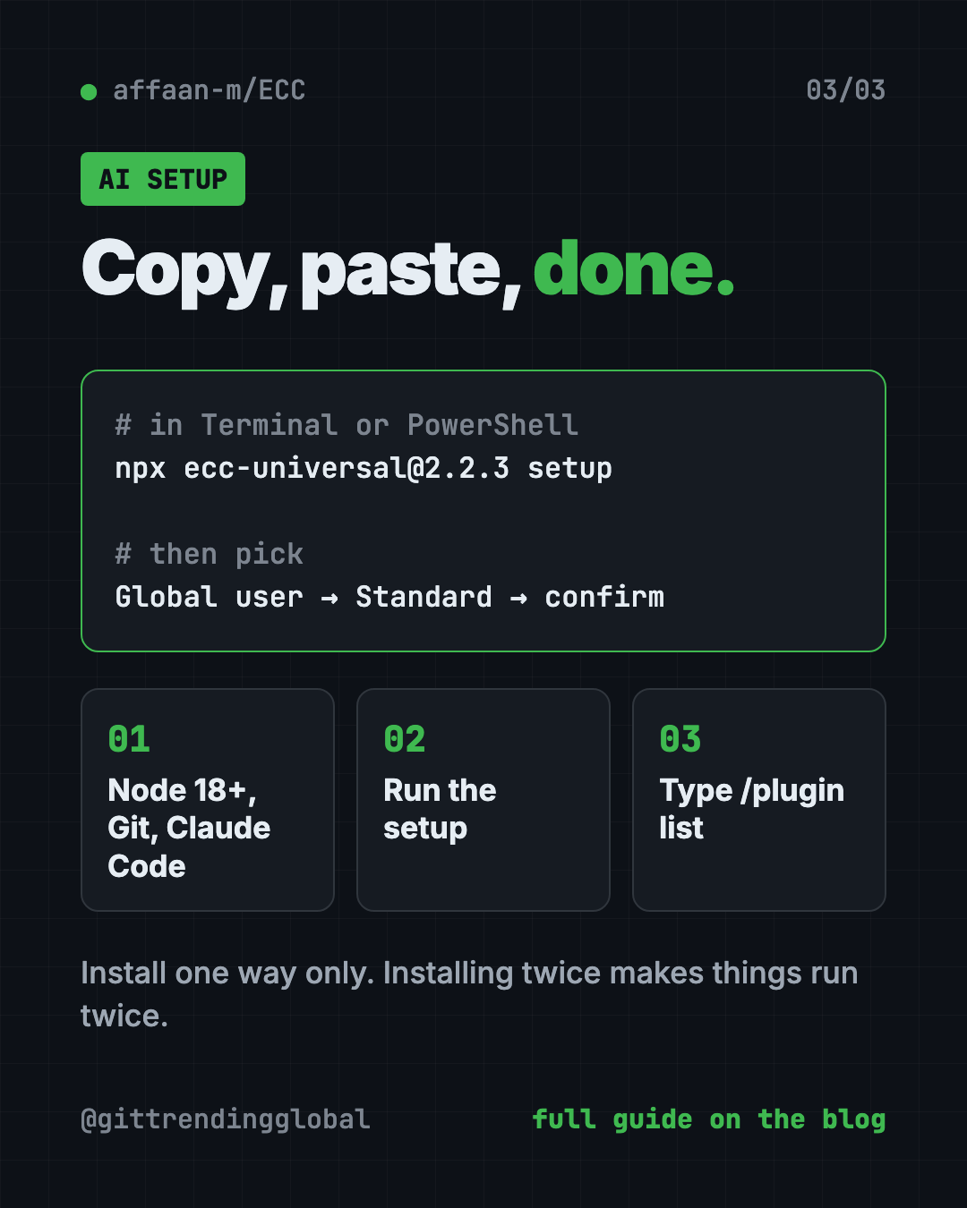 Set up the ECC Claude Code plugin with an AI helper: open Claude Code or Codex, paste the prompt, approve each step