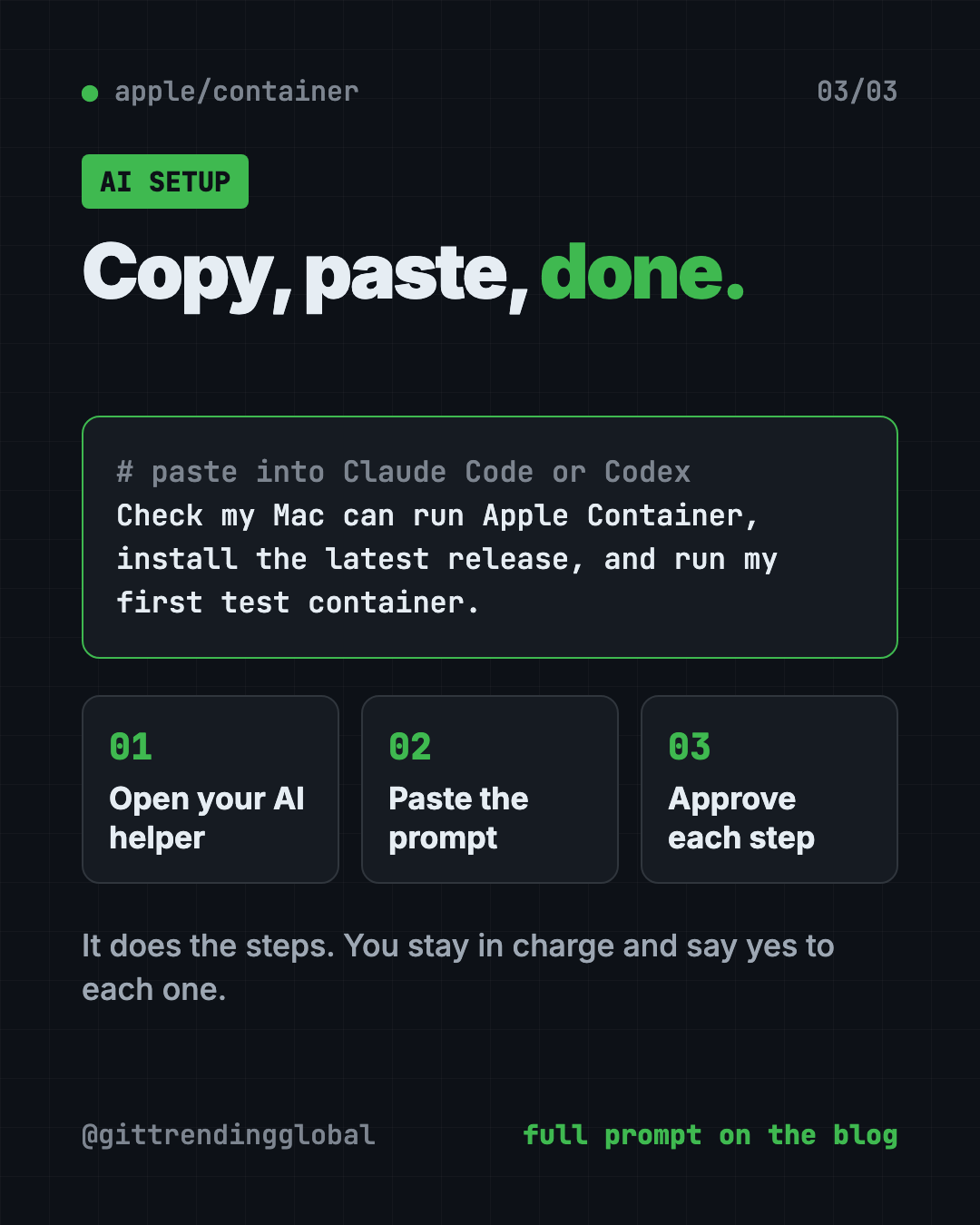 Set up Apple Container with Claude Code or Codex: copy the prompt, paste it, approve each step