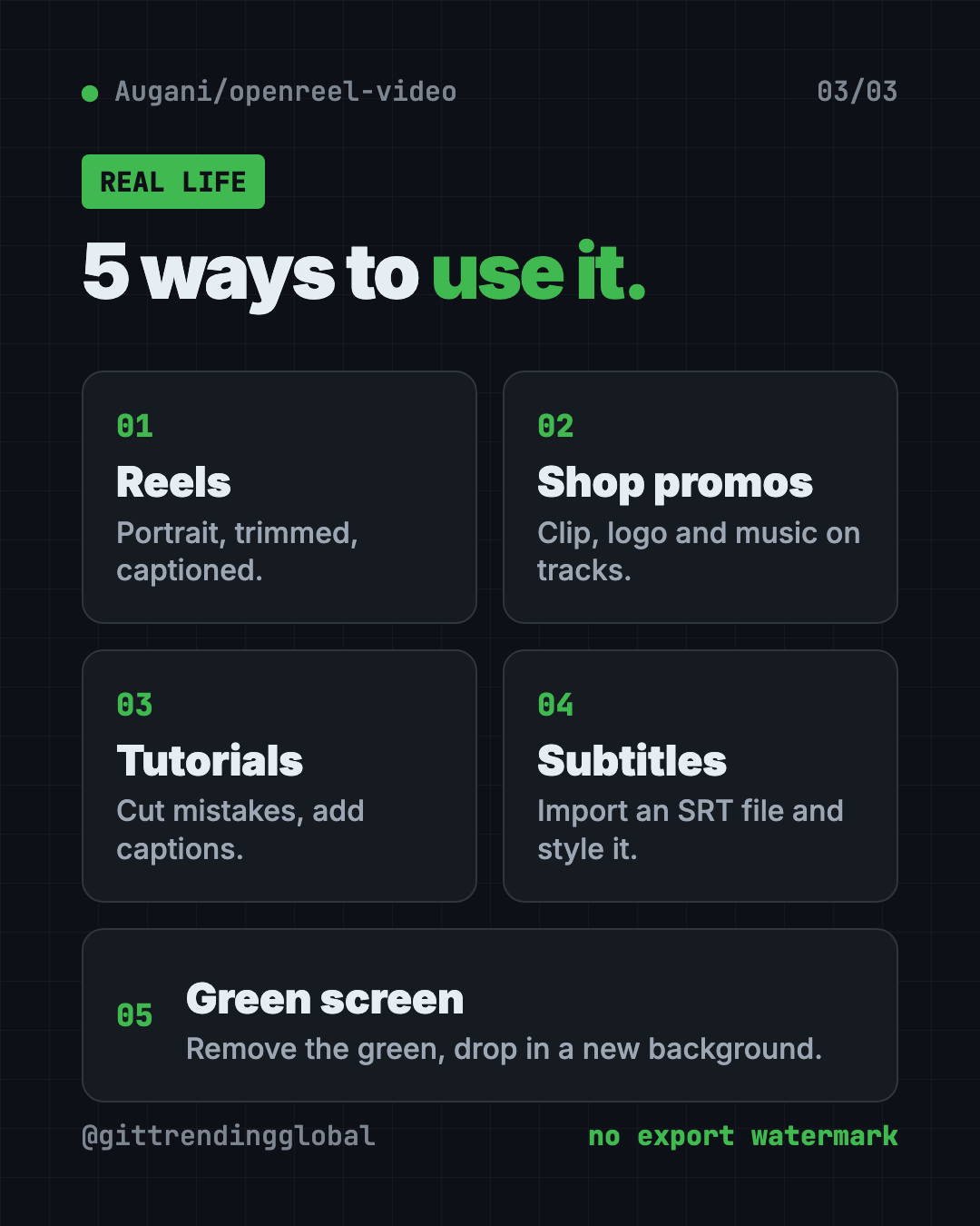 5 ways to use the free OpenReel video editor: social Reels, shop promos, class tutorials, subtitles and green-screen shots