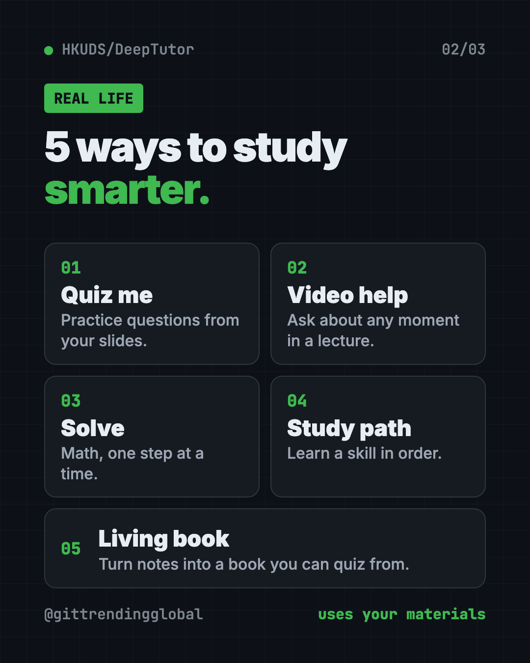 5 ways to use the DeepTutor free AI tutor: quizzes from slides, lecture video help, step-by-step solving, study paths and living books