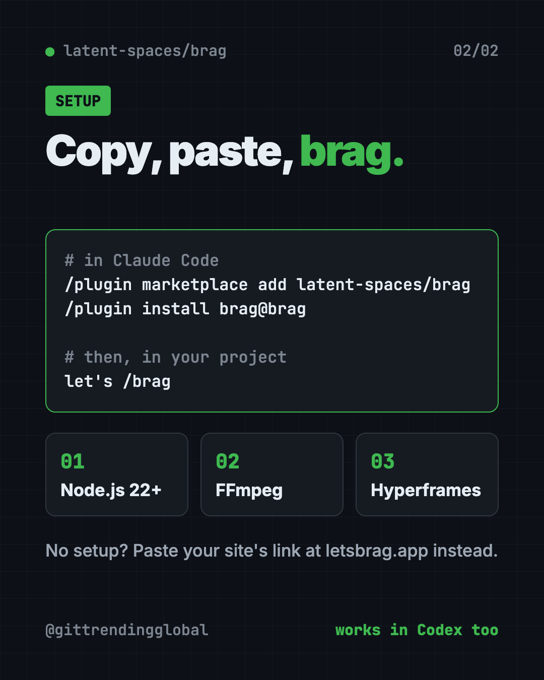 Brag setup in three steps: install the plugin, check Hyperframes, then type let's /brag in your project