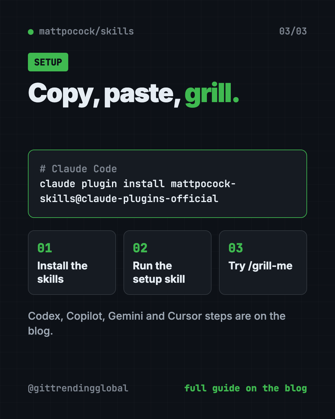 Set up Matt Pocock skills with Claude Code or Codex in 3 steps: install, run setup, start with grill-me