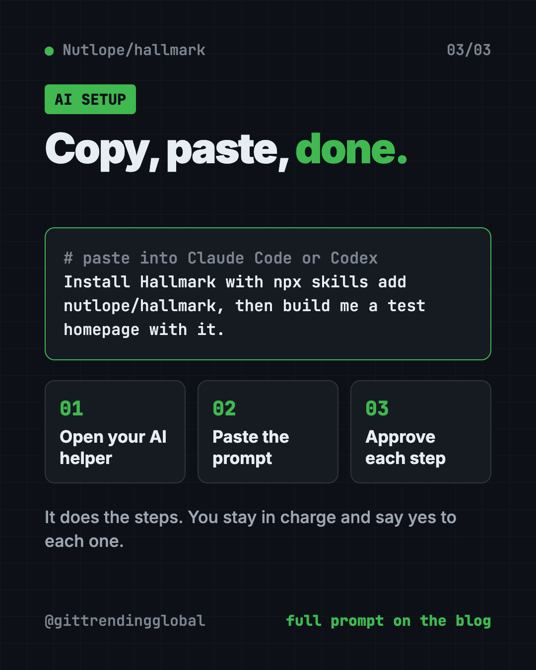 Set up the Hallmark AI web design skill with Claude Code or Codex: copy the prompt, paste it, approve each step