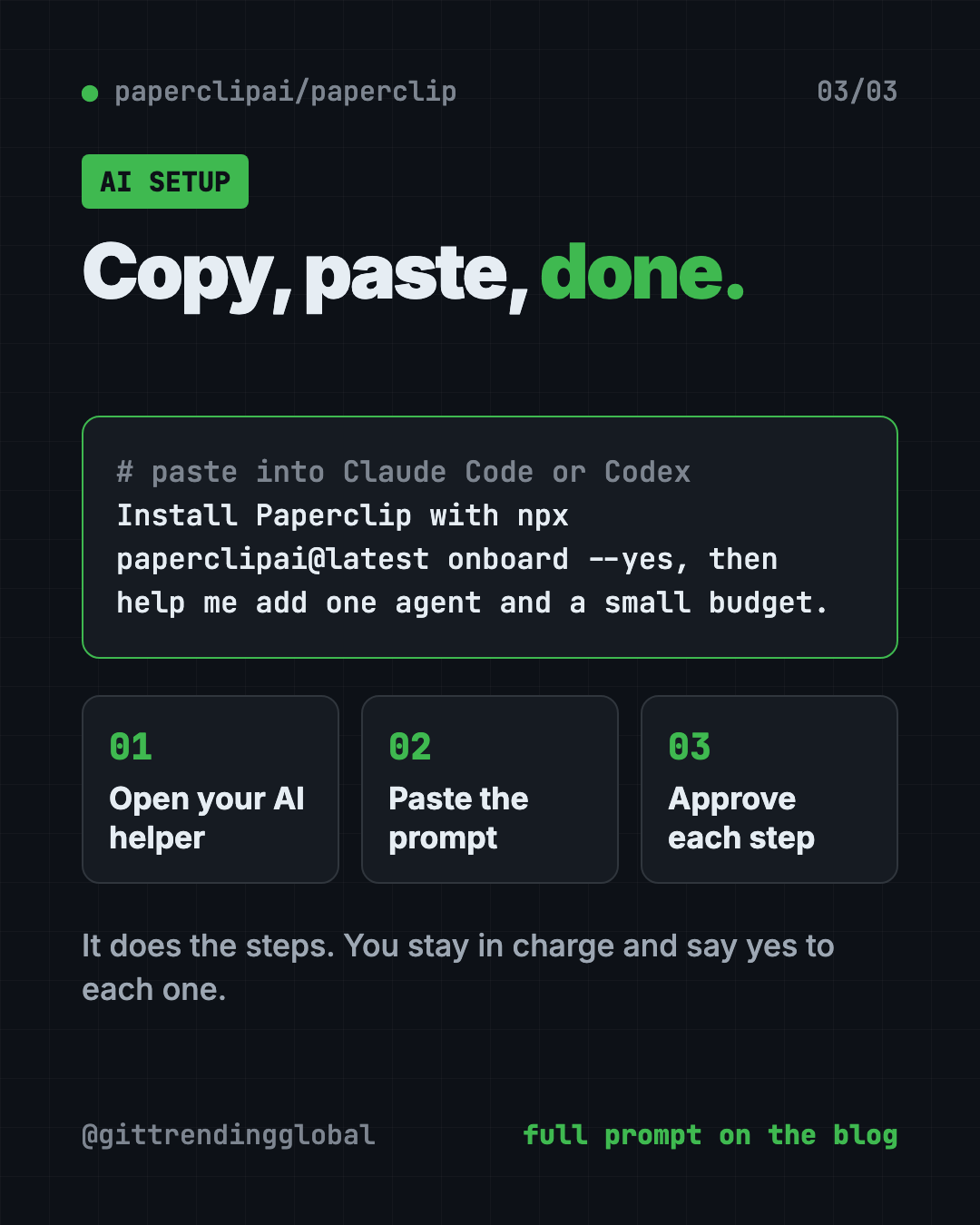 Set up Paperclip with Claude Code or Codex to manage AI agents: copy the prompt, paste it, approve each step