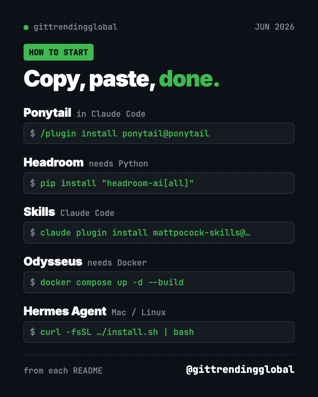 Copy, paste, done: the one-line setup for each of the best GitHub repos June 2026 brought, from Ponytail to Hermes Agent