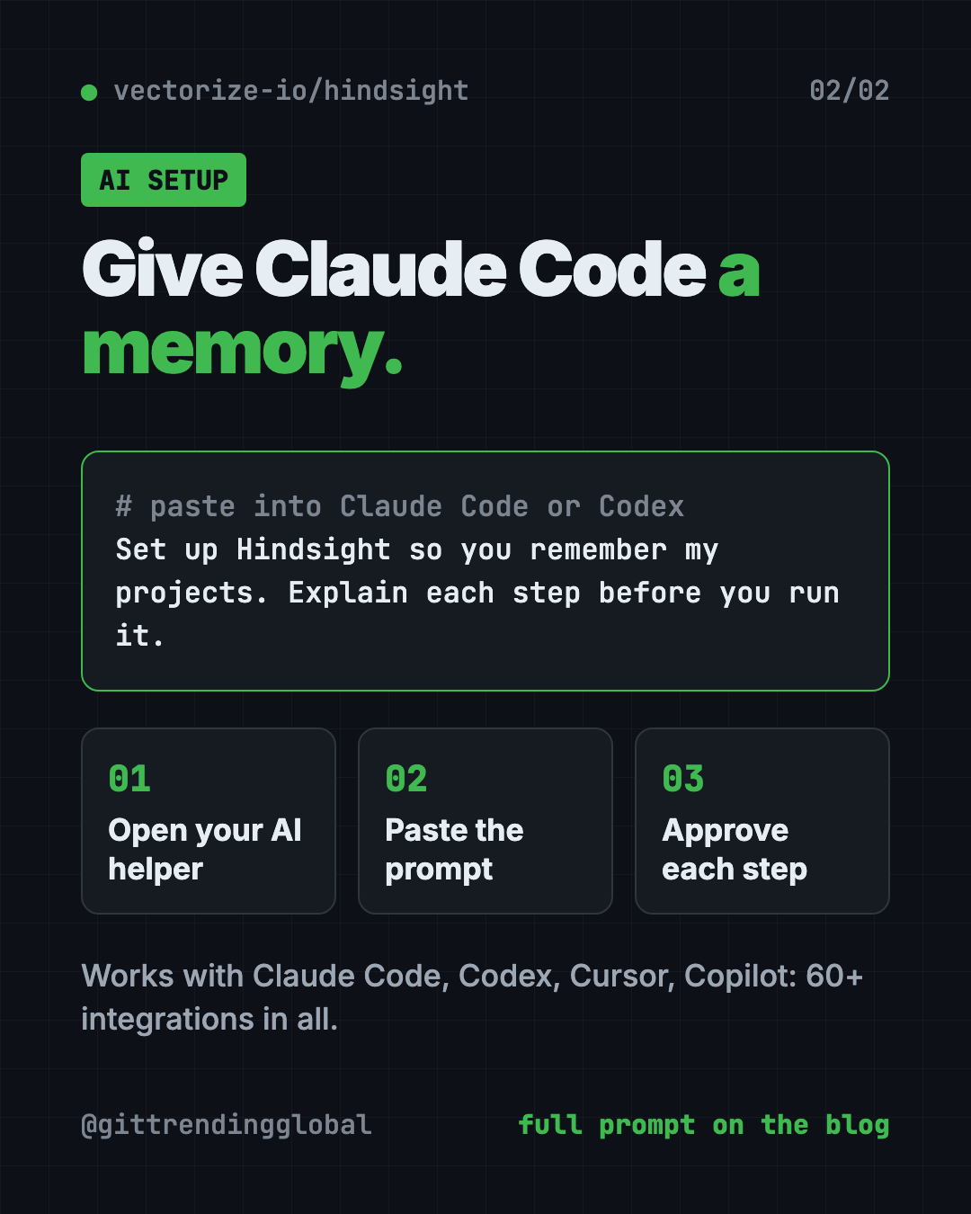 Set up Hindsight AI agent memory with Claude Code or Codex: copy the prompt, paste it, approve each step
