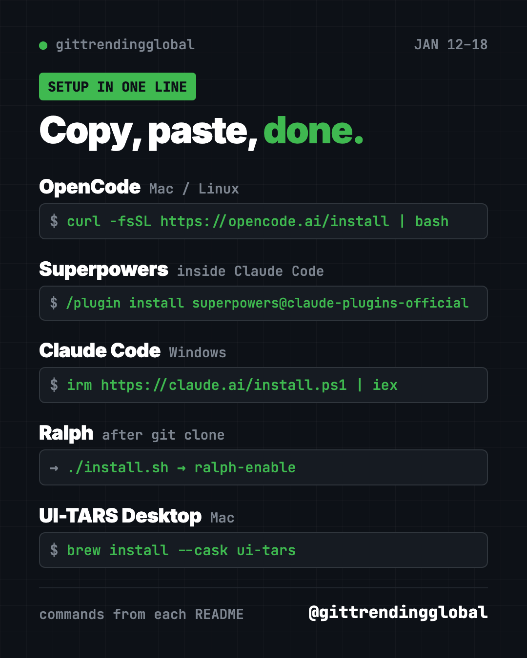 Copy, paste, done: setup lines for the top GitHub repos of mid-January 2026, OpenCode, Superpowers, Claude Code, Ralph and UI-TARS