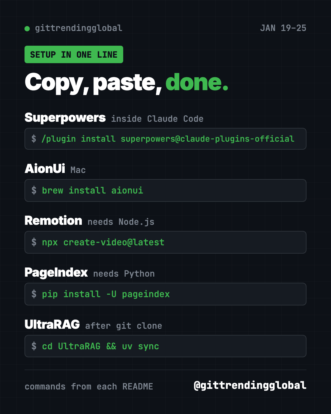 Copy, paste, done: one-line setup for Superpowers, AionUi, Remotion, PageIndex and UltraRAG from the January 19 trending list