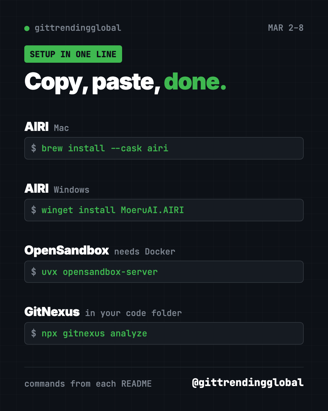 Copy, paste, done: setup lines for AIRI on Mac and Windows, OpenSandbox and GitNexus from the March 2 trending week