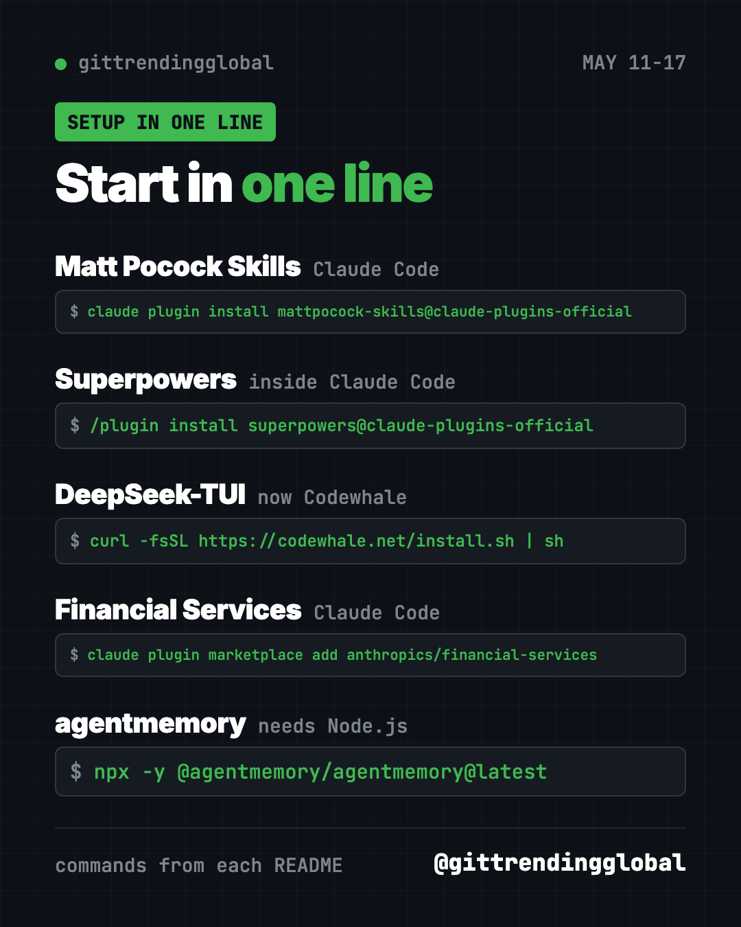 Start in one line: install commands for the popular GitHub repos May 11 2026, from Matt Pocock Skills to agentmemory