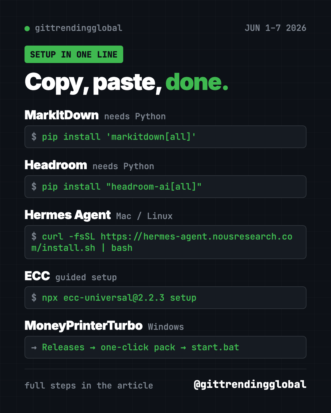 Copy, paste, done: one-line setup for each GitHub trending repo of June 1-7 2026, from MarkItDown to Hermes Agent