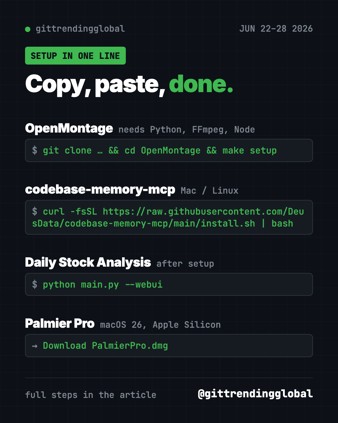 Copy, paste, done: setup lines for OpenMontage, codebase-memory-mcp, Daily Stock Analysis and Palmier Pro from June 22 2026
