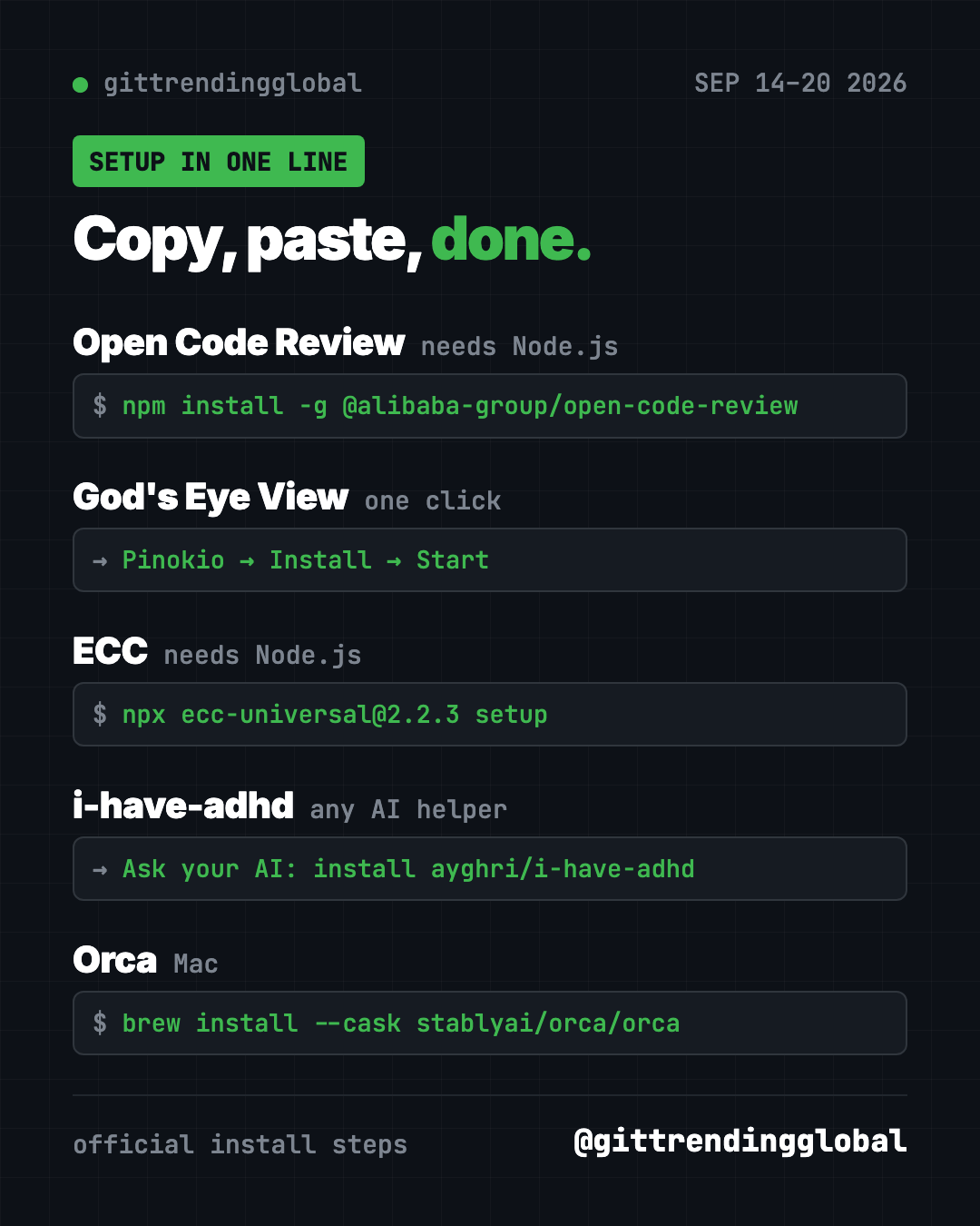 Copy, paste, done: setup commands for the most starred GitHub repos Sept 14 2026, including npm install for Open Code Review and brew install for Orca